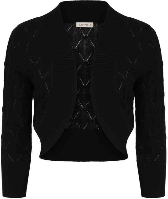 Boléro tricoté noir avec un motif en losange et des manches longues, ouvert sur le devant.