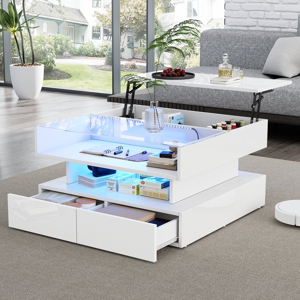 REDOM Luxe Lift-Top Salontafel met Lades (80x80) - Slimme Bluetooth LED Verlichting & Gehard Glas - Hoogglans Wit