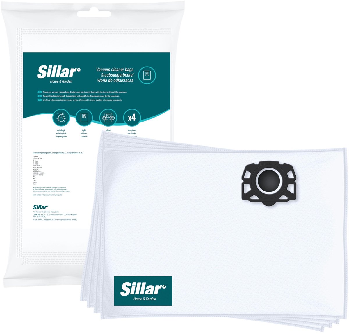 Sillar, stofzuigerzakken synthetisch - anti-allergeen, vervanging voor 6.959-130.0 2.863-314.0 KFI 357 - geschikt voor stofzuigers Karcher WD1 WD2 WD3 WD3.200 KWD1 KWD2 KWD3 SE4 SE4001 SE4002 - 4 stuks