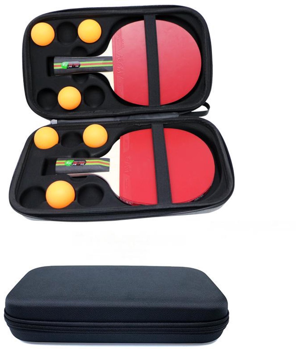 Deze opbergtas voor tafeltennisrackets biedt plaats aan twee rackets. Hij is draagbaar, heeft een harde buitenkant, is valbestendig en slijtvast, en is speciaal ontworpen voor sporten.Zwart