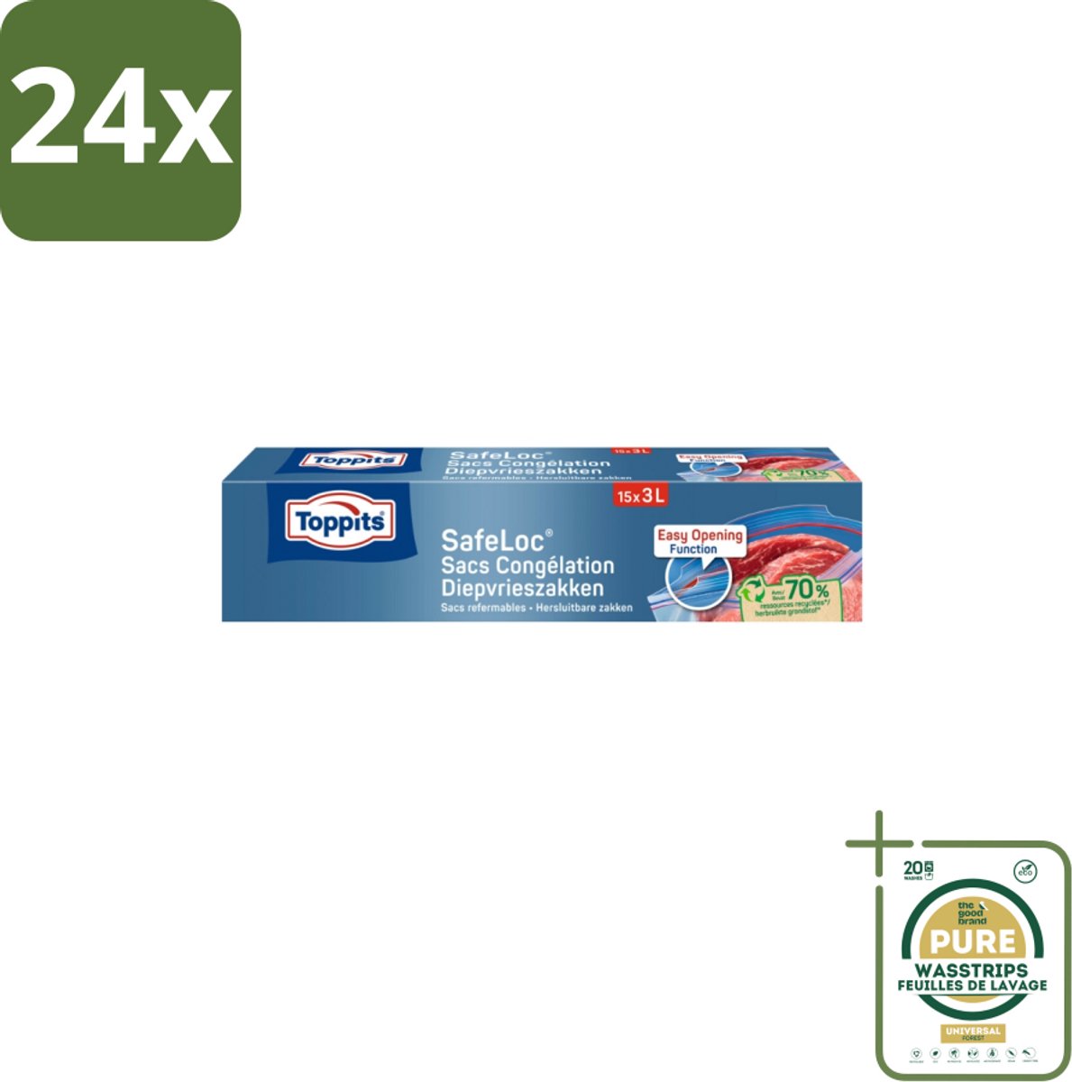 Toppits – Safeloc Zip-Diepvrieszakken – 3 Liter – 15 Zakjes - Voordeelverpakking - 24 stuks - Voedselbescherming - Herbruikbaar