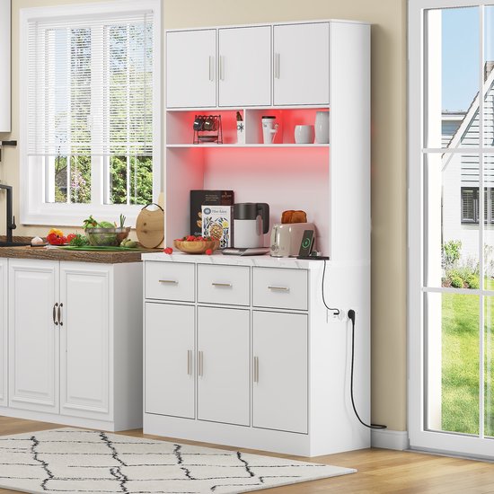 REDOM Keukenkast 100×40×180 cm – wit MDF buffet met app‑gestuurde LED, stopcontact & USB, 3 laden, verstelbare planken