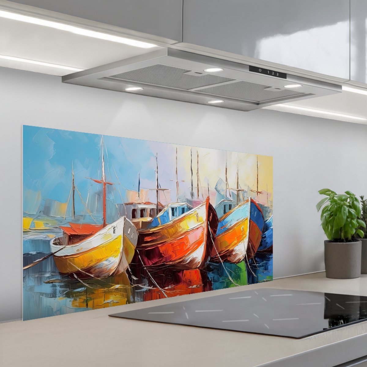 Spatscherm 100x50 cm - Zelfklevende achterwand Boten - Kunst - Kleuren - Schilderij - Keuken muurbeschermer - Spatwand fornuis