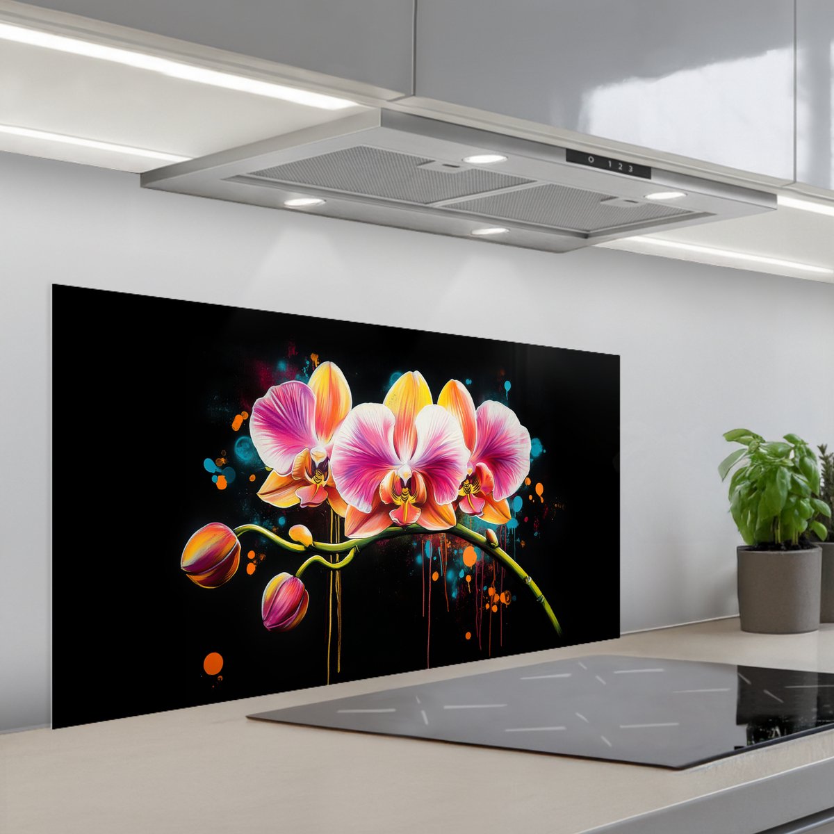 Spatscherm 100x50 cm - Zelfklevende achterwand Orchidee - Graffiti - Kleurrijk - Bloemen - Abstract - Keuken muurbeschermer - Spatwand fornuis