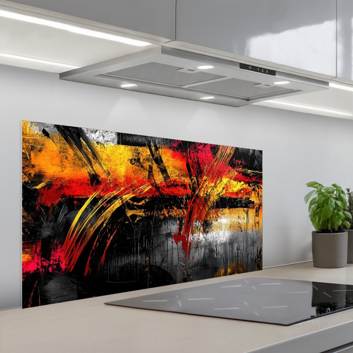 KitchenYeah Spatscherm 100x50 cm Zelfklevende achterwand Kunst Zwart Abstract Keuken muurbeschermer Spatwand fornuis