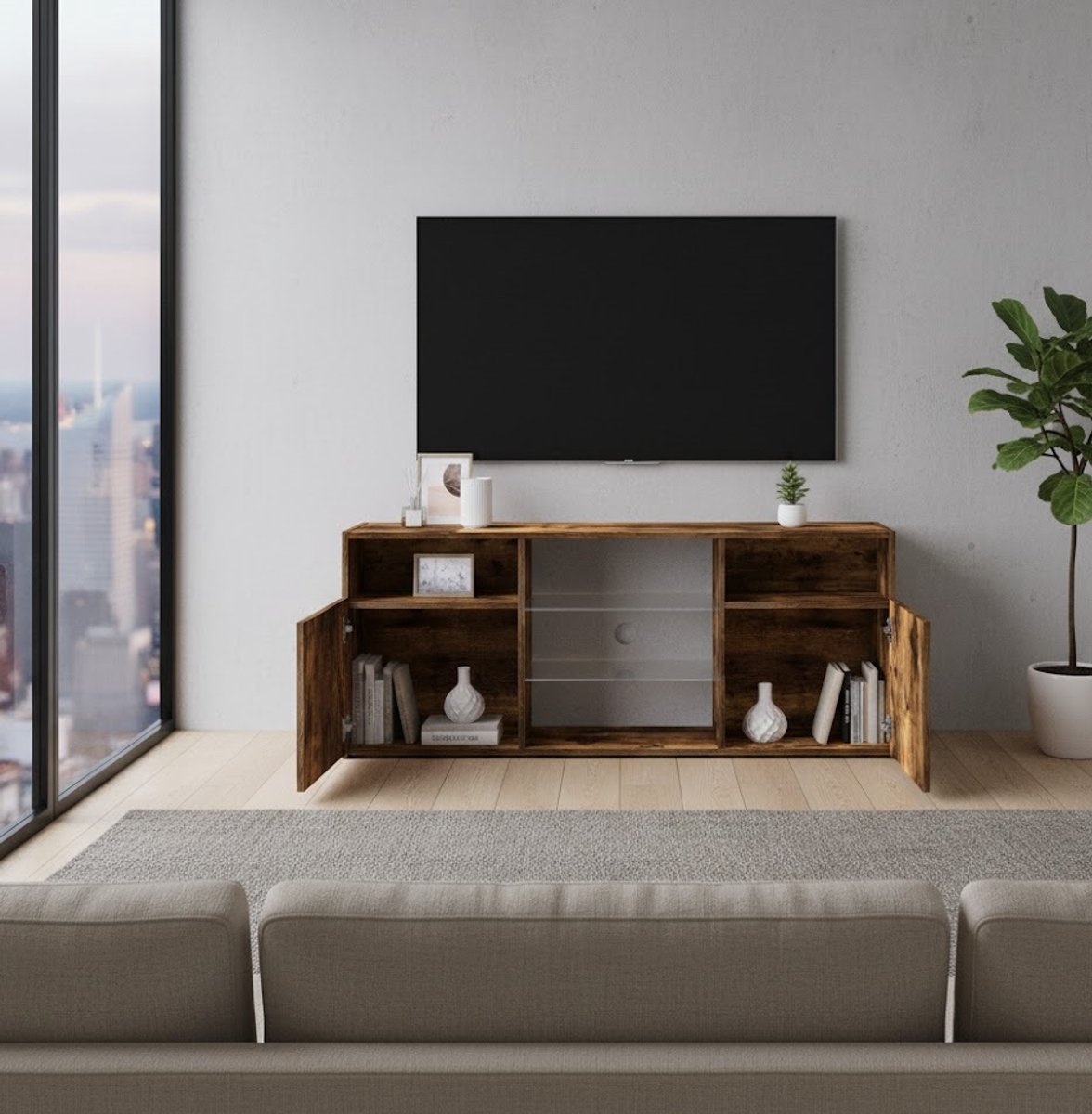 Modern LED TV-meubel Lowboard met Opbergruimte | Hifi-kast, Sideboard, Glazen Deur | Rookeiken 120 x 30 x 50 cm – Altameubel