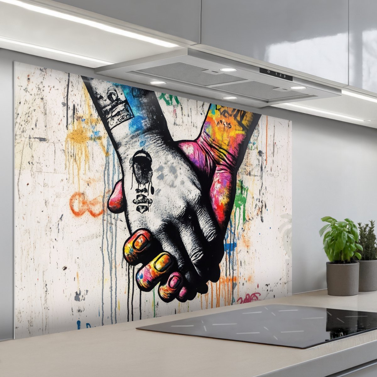 KitchenYeah Spatscherm 120x80 cm Zelfklevende achterwand Graffiti Handen Vintage Street art Keuken muurbeschermer Spatwand fornuis