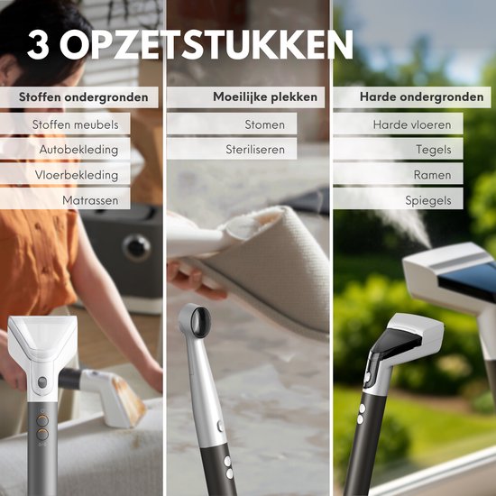 Drie opzetstukken voor de stoomreiniger: voor stoffen, moeilijke plekken en harde ondergronden.