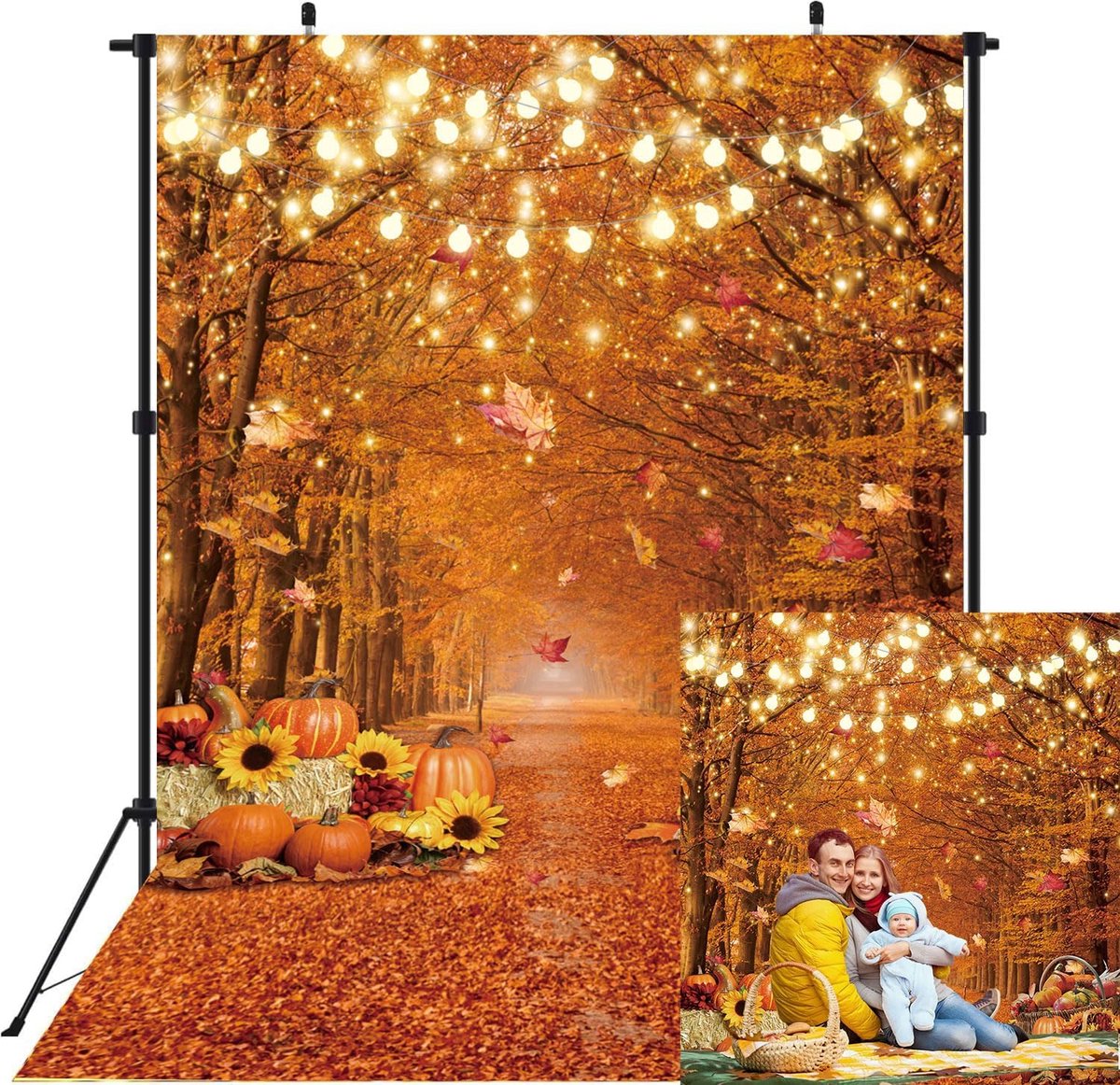 Achtergrond herfstbos - herfstmapleblad - pompoenfotografie - backdrop boerderij - oogst evenement - feestversieringen banner - fotobackground (50x208cm)