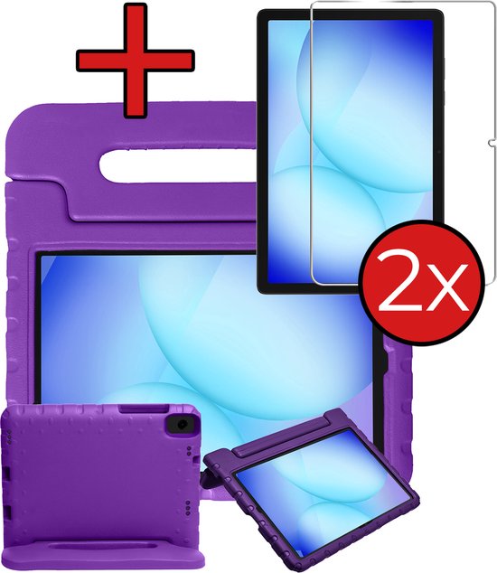 Paarse tabletcase met ingebouwde standaard, twee screenprotectors en een rood kruis met '2x'.