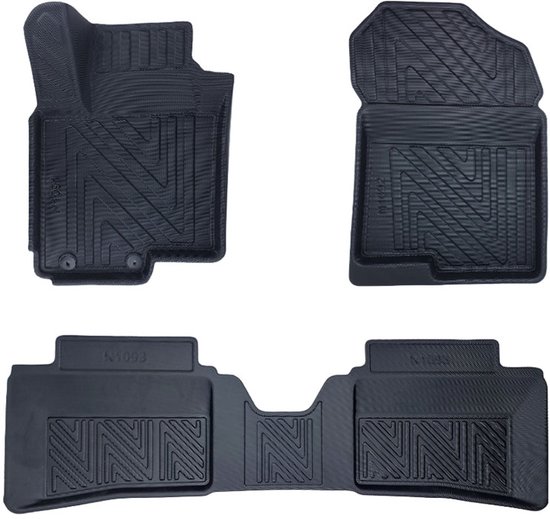 Tapis de sol noirs en caoutchouc pour Hyundai i20 2020-présent avec motif aspect carbone.