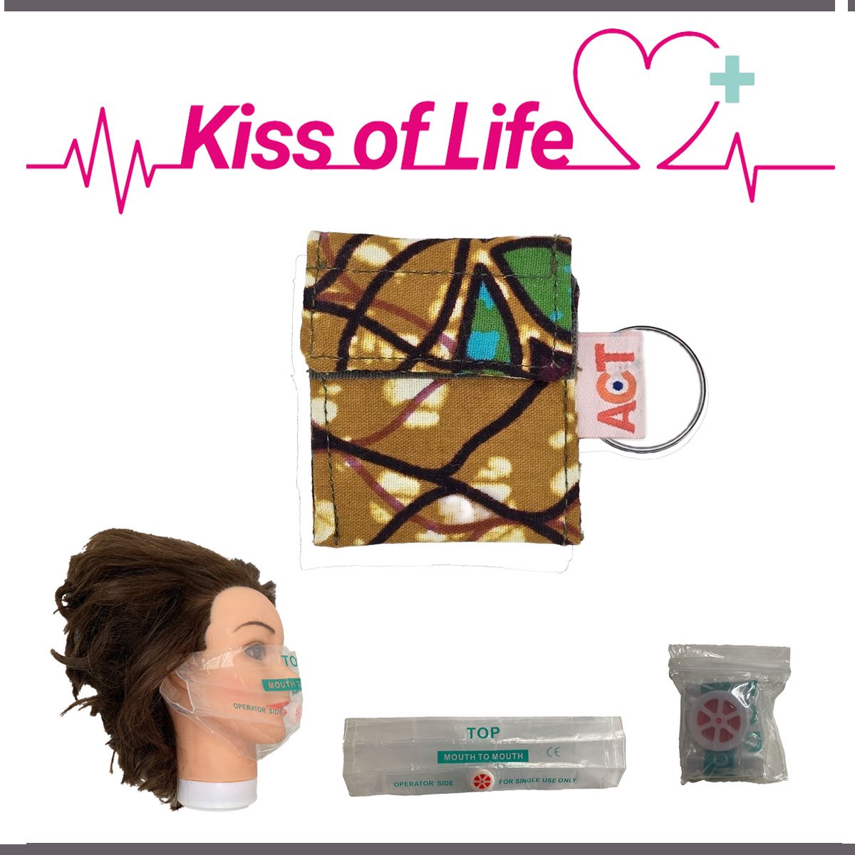 Kiss of Life Sleutelhanger | Reanimatiemasker, Beademingsmasker, CPR masker | Mosterdgeel - Groen - Paars | Handgemaakt, Uniek | Steun het goede doel