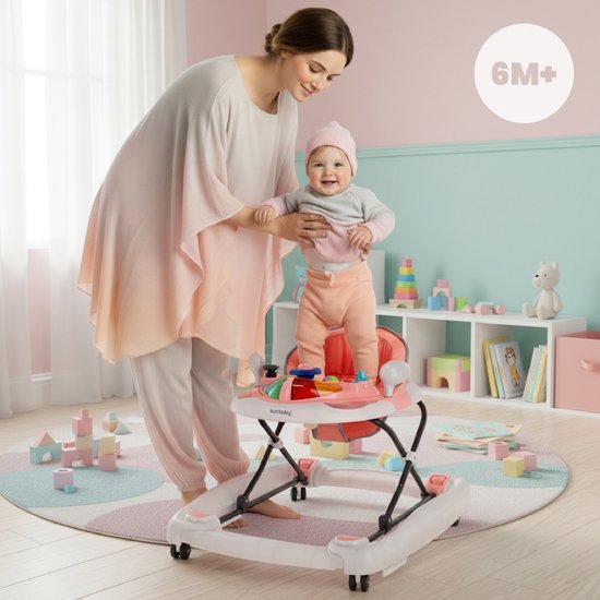 sun baby Loopstoel, baby walker vanaf 6 maanden, verstelbare hoogte, rubberen wielen - Roze-Grijs van Sun Baby — afbeelding 5