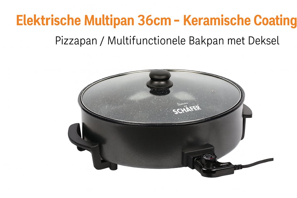 Schäfer Elektrische Multipan 36cm – Keramische Antiaanbaklaag – Pizzapan met Glazen Deksel