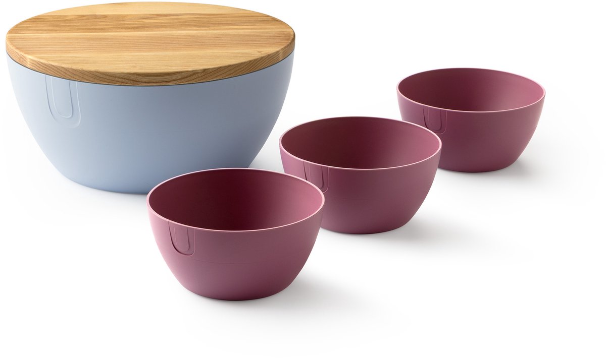 UBITE set – bio-based saladeschaal sky blauw (XL - Ø 27) inclusief deksel/snijplank + set van 3 bio-based bowls mineraal paars (S - Ø 13) - saladeschaal/saladekom/kom/schaal/bakje/duurzaam