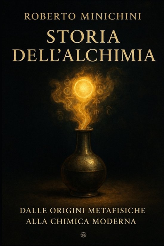 Boek 'Storia dell'Alchimia' met een alchemistische fles waaruit een gouden gloed en symbolen opstijgen.