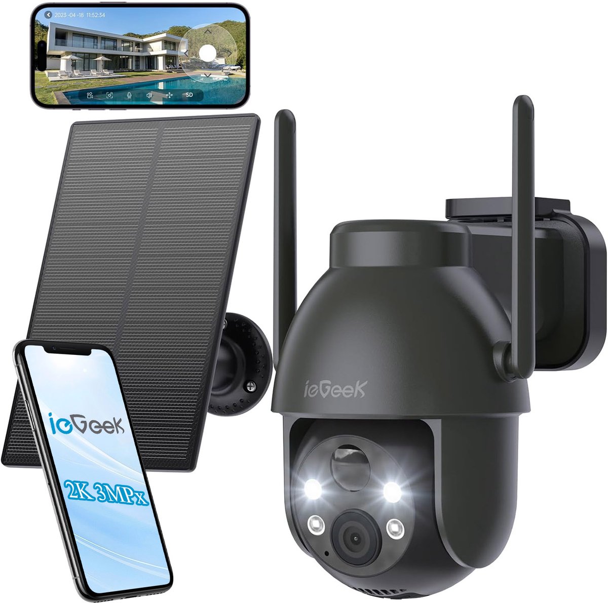 ieGeek 2K PTZ Bewakingscamera Buiten Draadloos met Batterij, Solar WiFi Beveiligingscamera voor thuis met Zonnepaneel en PIR Bewegingsdetectie, Kleuren Nachtzicht CCTV IP Camera Security - zwart