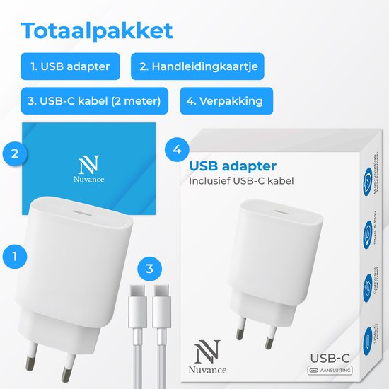 Contenu de l'emballage: chargeur blanc, manuel, câble USB-C blanc. "Ensemble complet".