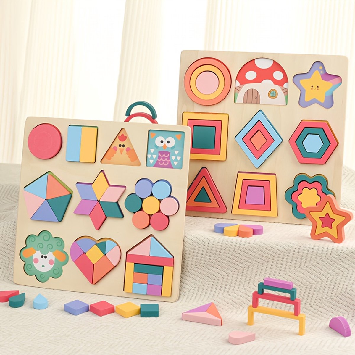 2-delige Houten Vormpuzzel Set – Montessori Educatief Speelgoed – Kleuren, Vormen & Creatief Leren