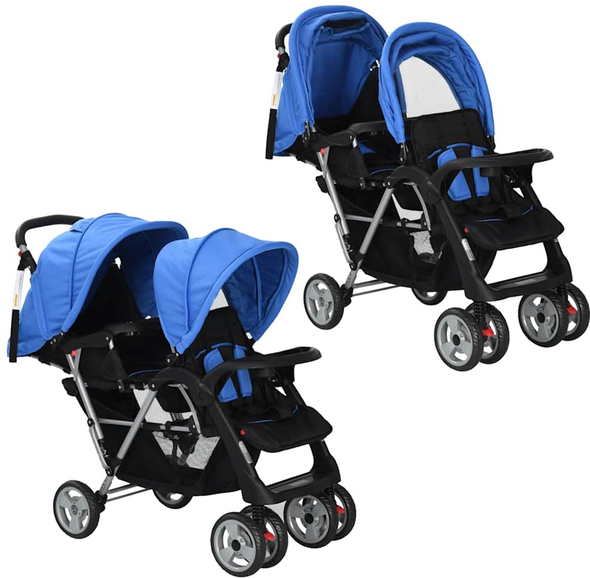 Bol.com vidaXL - Kinderwagen - dubbel - staal - blauw - en - zwart aanbieding