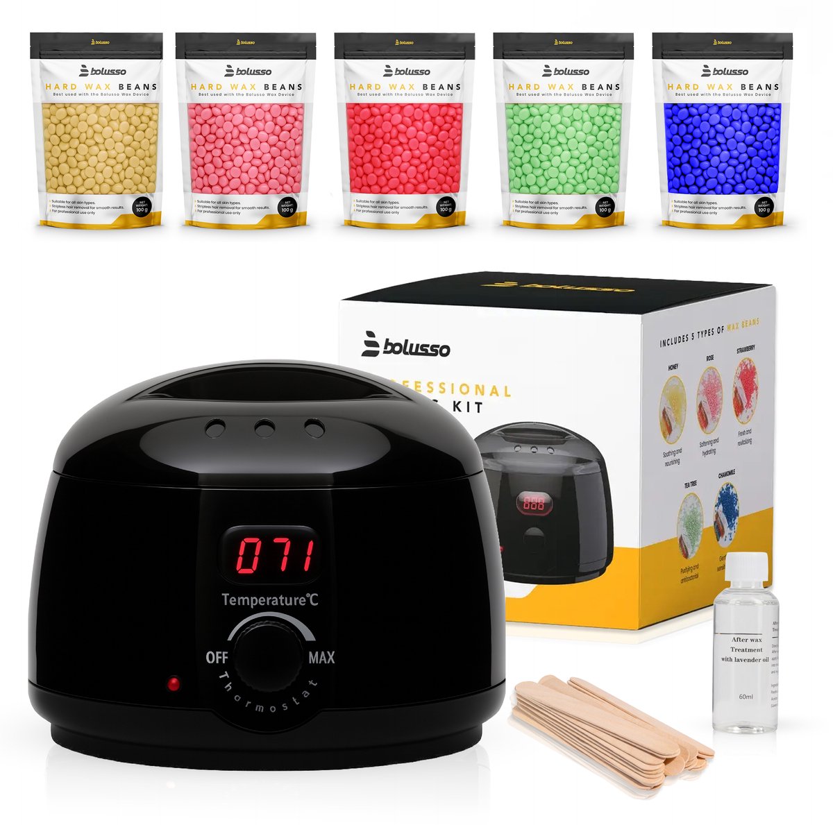 Bolusso Wax Apparaat - Ontharing Set - NIEUW model - 5 Soorten Beans 500 Gram - 50 Wax Staafjes - Gratis Afterwax - Wax Heater - Ontharingsapparaat - Wax Beans Verwarmer - Ontharingsset - Wax set