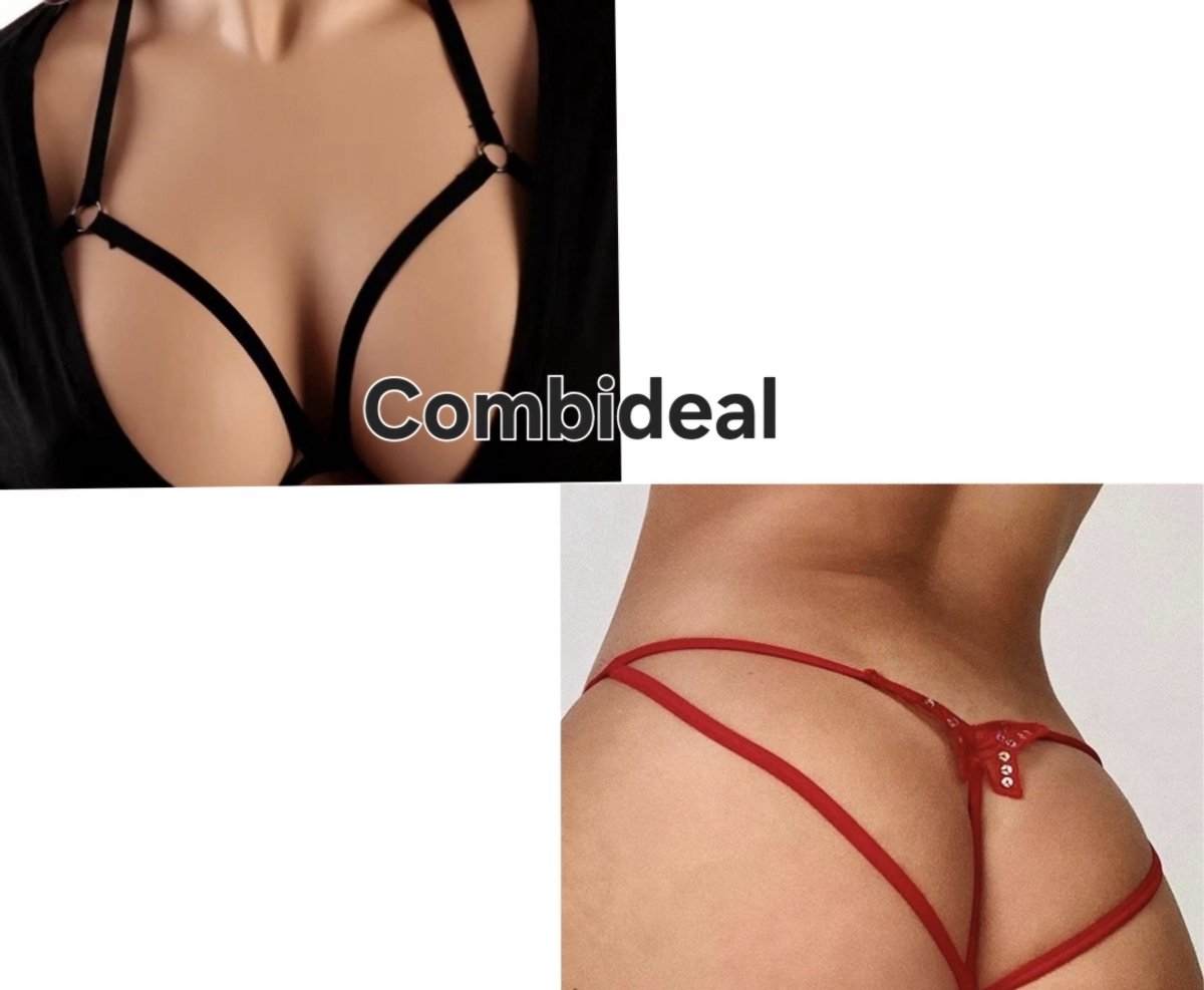 Erotisch lingerie combi set - BH Harnas + Slip met open kruis - zwart/rood