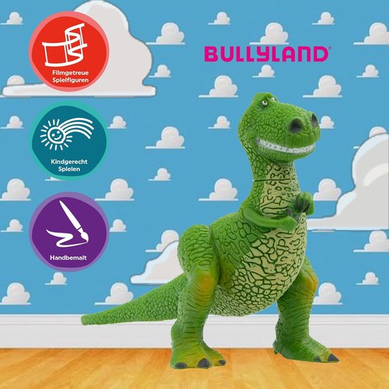 Rex de dinosaurus speelfiguur, staand met zijn armen voor zich, met 'Bullyland' logo.