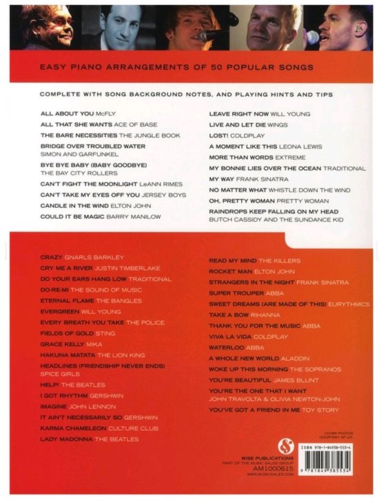 Boek met de titels van 50 populaire pianonummers, onder andere 'All About You Mcfly' en 'Leave Right Now Will Young'.
