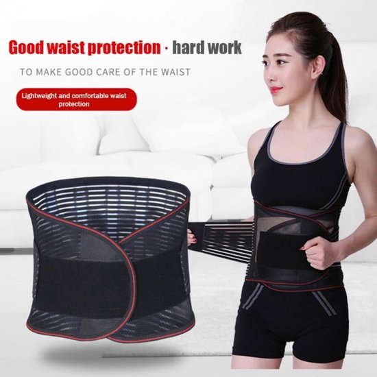 Model met zwarte rugbrace, met tekst over goede rugbescherming.