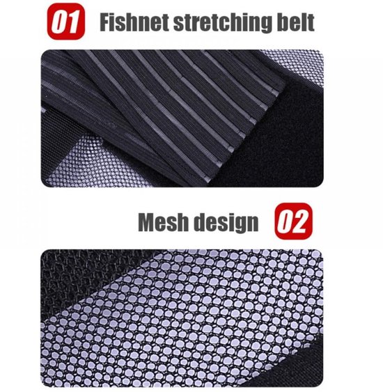 Detail van zwarte rugbrace met visnet stretchstof en mesh design.