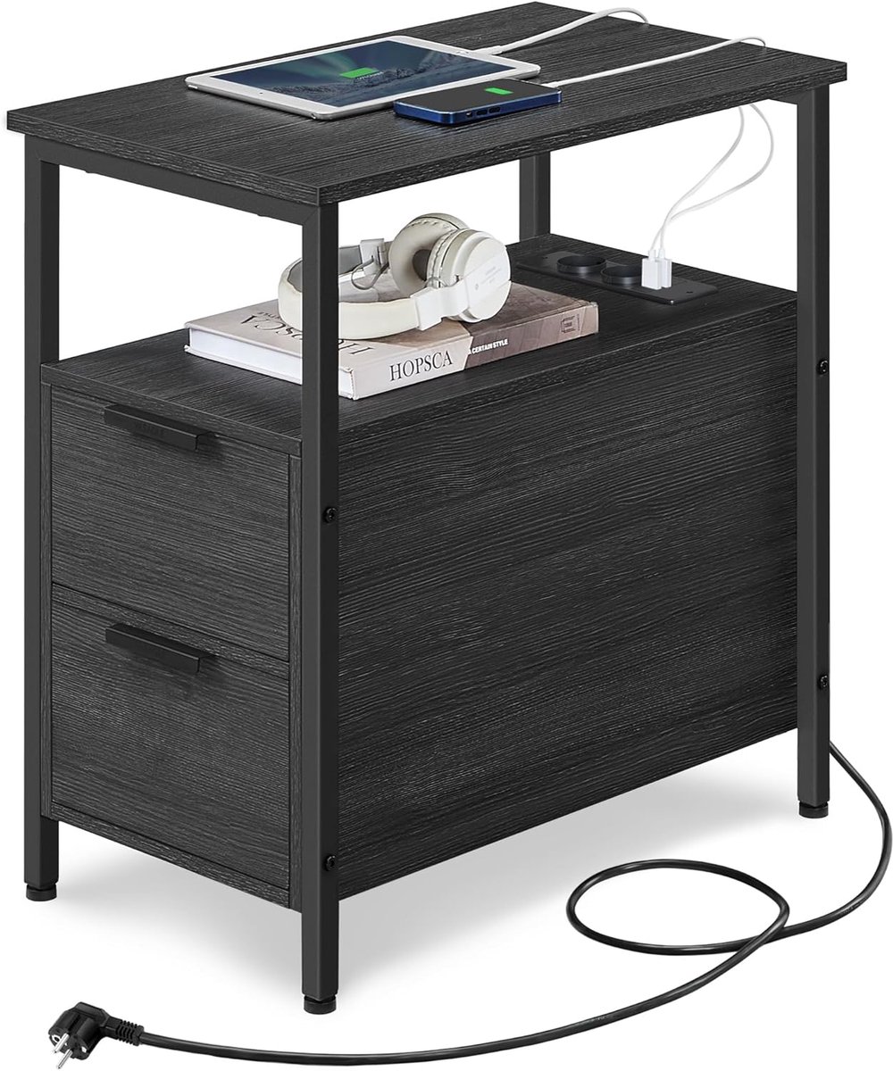 Bijzettafel, nachtkastje met stekkerdoos, 2 - Antraciet - 2 lades, banktafel, nachtkastje voor - Medahomestore