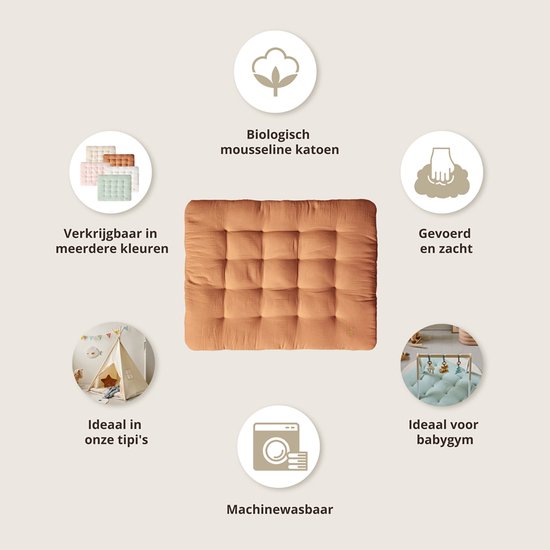 Speelmat baby - Rechthoekig Speelkleed - 100% Biologisch Mousseline Katoen - Luxe en Veilige Plek voor Ontwikkelingsactiviteiten - Ideaal voor Babygym, Speeltenten en Tipi-tenten - 110 x 85 cm - Caramel van Little Dutch — afbeelding 5