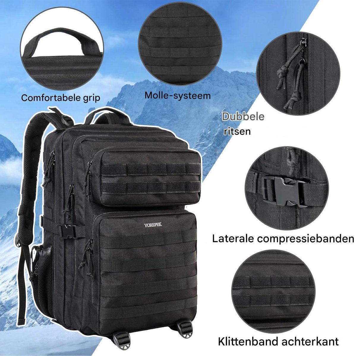 YOREPEK Tactical Rugzak 45L Zwart - Militaire Backpack voor Dames & Heren - Waterafstotende MOLLE Wandelrugzak met 17 Inch Laptopvak - Army Bag voor Outdoor, Camping, Hiking, Survival, Reizen & Fitness – foto 5