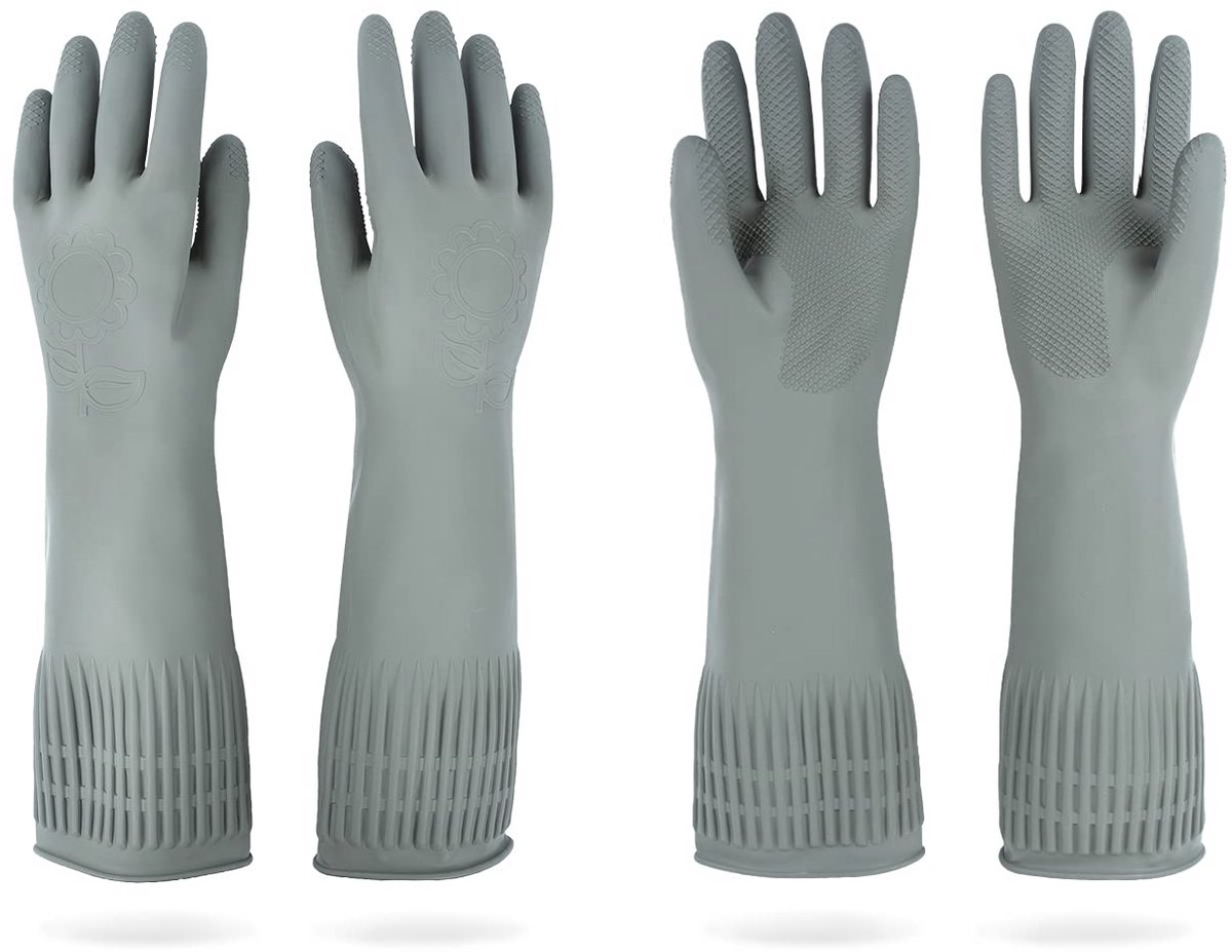Lange rubberen afwashandschoenen - 2 paar grijs (M)