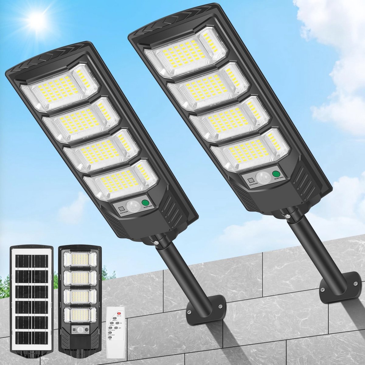 2 Stuks Zonne-energie Led-buitenlampen met Bewegingsmelder en Afstandsbediening - 192 LEDs - 320 Graden - 6500K