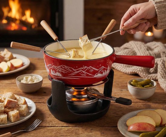 Cosy&Trendy Aspen Fondueset Gietijzer Ø14 cm - Rood - Incl. Brander & 4 Vorkjes - 4 Personen — afbeelding 5