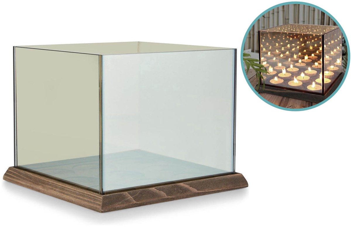 Waxinelichthouder - met Spiegelglas - 9 Waxinelichtjes - Sfeerverlichting - Hout & Glas