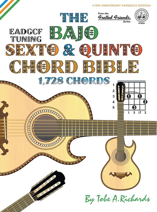 Boekomslag van "The Bajo Sexto & Quinto Chord Bible" met gitaren en akkoorddiagrammen. Titel in grote letters.