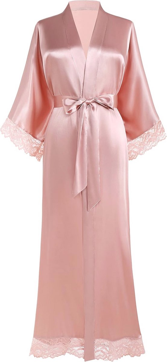 Elegante Lange Kimono Ochtendjas voor Dames - Roze Satijnen Badjas