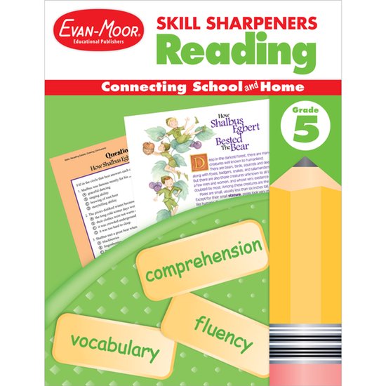 Couverture de 'Skill Sharpeners Reading, Grade 5'. Un crayon jaune et des blocs de texte pour 'vocabulary', 'comprehension' et 'fluency'.