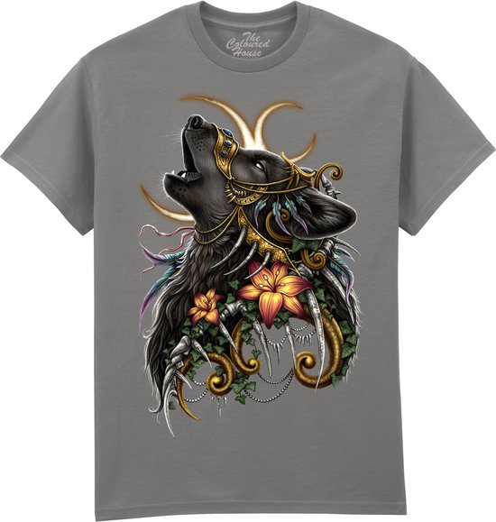 Grijs t-shirt met een grafische print van een huilende wolf met gouden ornamenten, bloemen en veren.