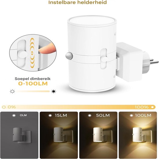 QTTVBTNA - LED Sensor Nachtlampje - Stekkerlamp - Ingebouwde Beweging Sensor - Dimbaar - Geschikt Voor Slaapkamer, Badkamer, Kinderkamer - 3000K Warm Licht - Wit - 1 Stuk van Merkloos — afbeelding 2