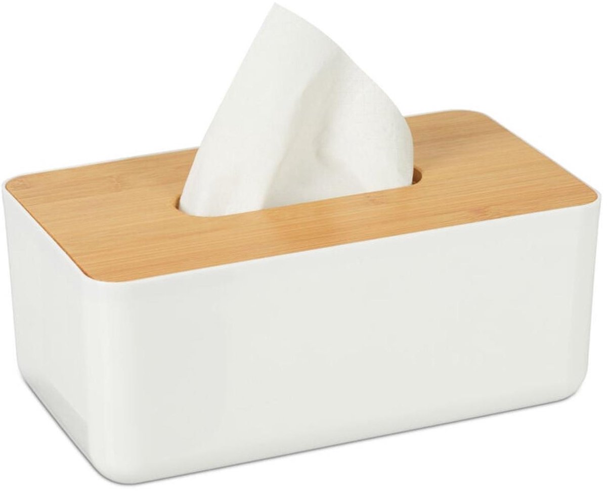 Tissuehouder Set - Bathroom Wipe Dispenser - Plastic en Bamboe-look - 2 Stuk - Badkamer Keuken Auto - Wit/Natuurlijk