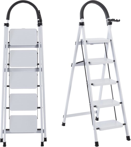 Witte opvouwbare huishoudtrap met 4 treden, getoond in gesloten en open posities.