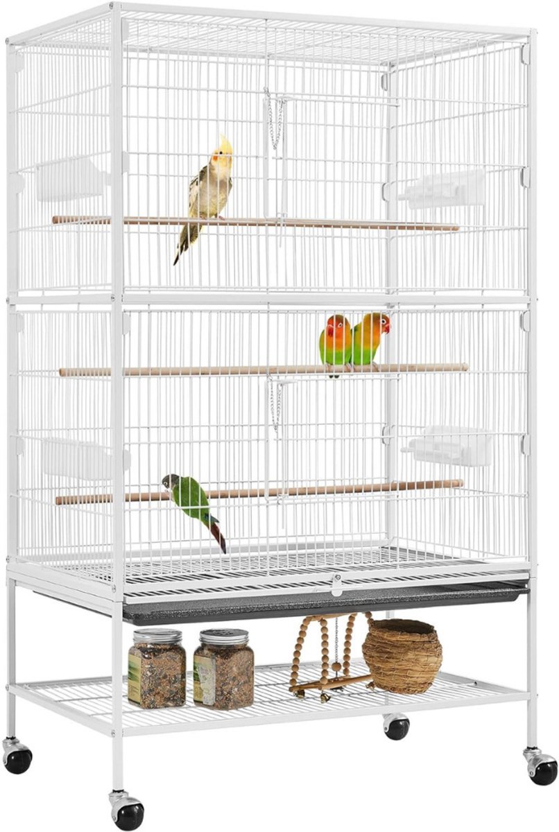 Yaheetech Vogelvolière grote vogelkooi met 2 deuren Vogelhuis met houten stokken en 4 wieltjes met vuilbak 52 x 79 x 132 cm