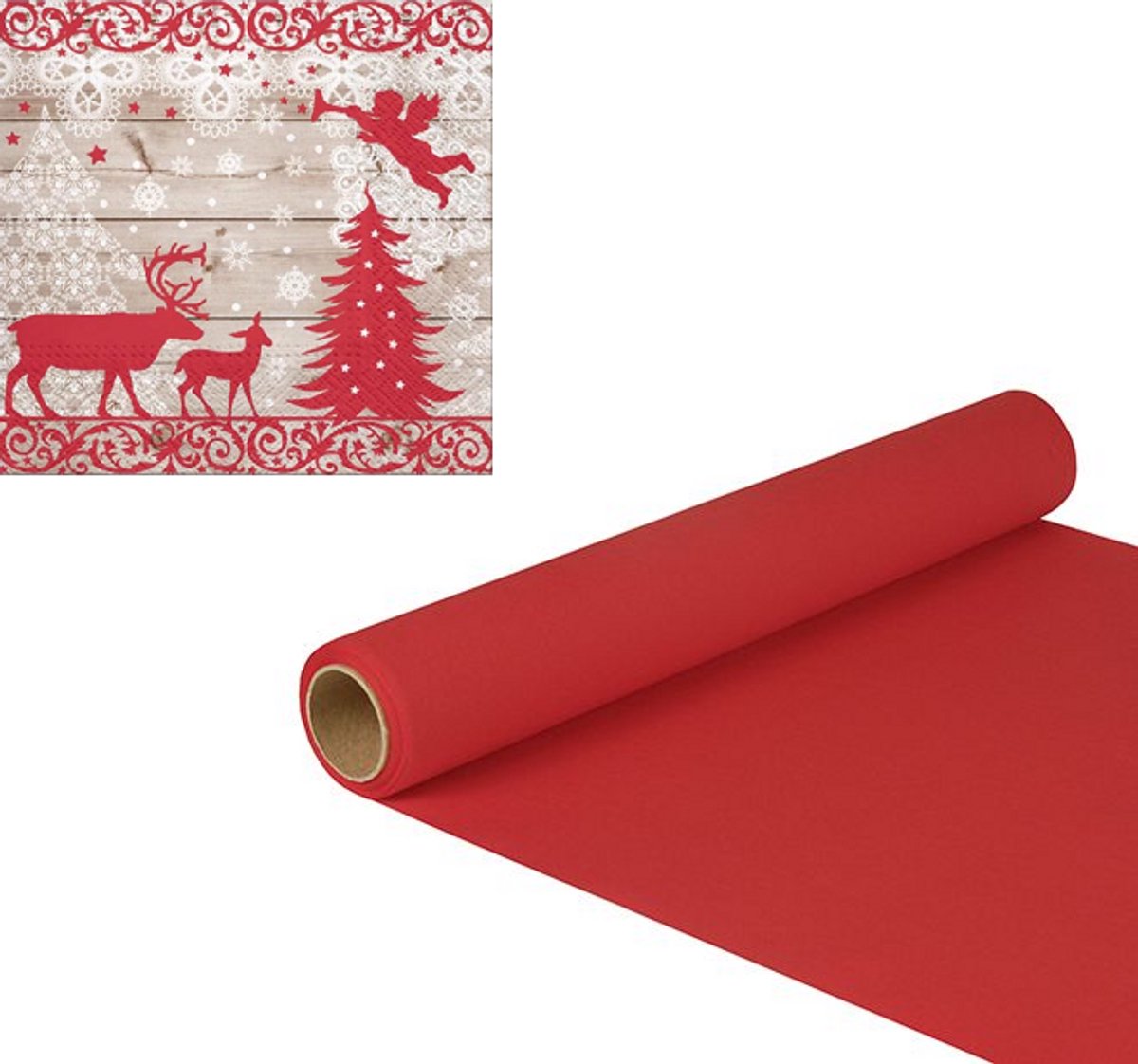 Tafelloper papier "ROYAL Collection" 5 m x 40 cm rood (1 rol) en 20 x Kerst Servetten "Rennes" 33x33cm 3 Laags / Papieren kerstservetten - Papieren wegwerpservetten