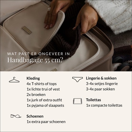 Binnenkant van een beige handbagage koffer, 55cm. Met vakken voor kleding, lingerie, toilettas en schoenen.