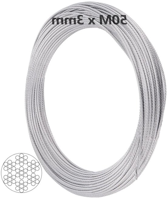 Roestvrijstalen Kabel 60 Meter – 7x7 Strengen, 2 Mm – Zilver – Incl. 10 Kabelklemmen & Sleutel – Voor Waslijn, Gordijnen, Klimplanten, Buitenleuning – Waterdicht & Roestvrij