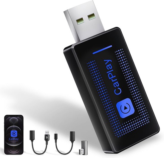 Draadloze CarPlay-adapter voor telefoon - Plug & Play USB-converter, automatisch opnieuw verbinden, compatibel met auto's van 2016 en later en iOS 10+