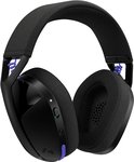Zwarte Logitech G gaming headset met paarse details, van voren gezien, op witte achtergrond.